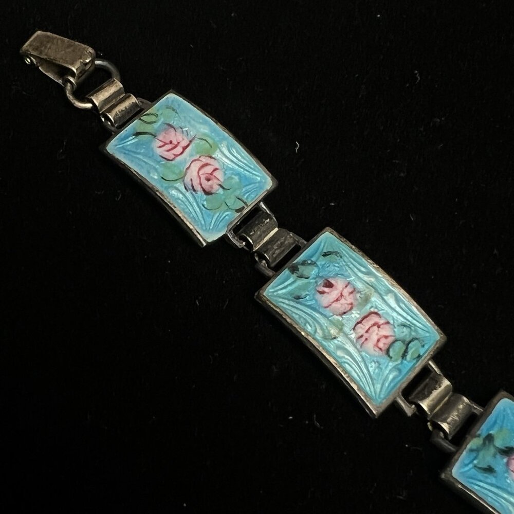 Vintage Sterling Silver Guilloche Panel Link Bracelet 19.9g Pink Roses 6.5" - Picture 4 of 13